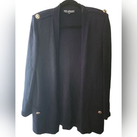 St. John Basics Cardigan Sweater Jacket Santana Knit Navy Blue Gold Accents Med - Picture 10 of 14